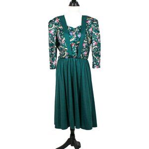 Vintage 70s 80s Hunter Green Floral Dress Cottagecore High Tea Size L–XXL
